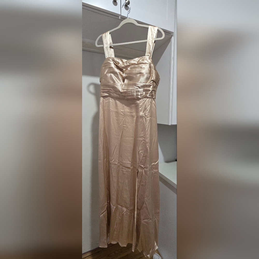 Champagne Satin Evening Dress W/Wide Straps Pleated Bodice, Side Slit - Picture 11 of 12